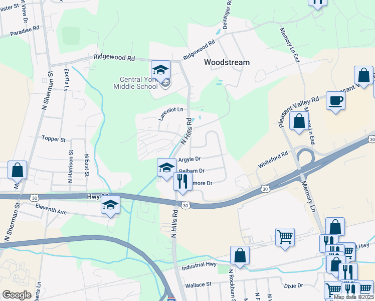 map of restaurants, bars, coffee shops, grocery stores, and more near 1772 Tulsa Road in York