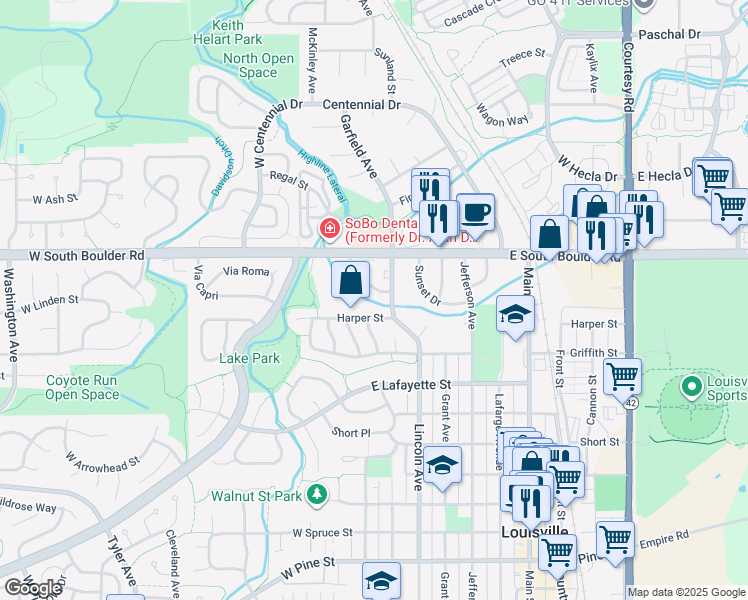 map of restaurants, bars, coffee shops, grocery stores, and more near 1607 Cottonwood Drive in Louisville
