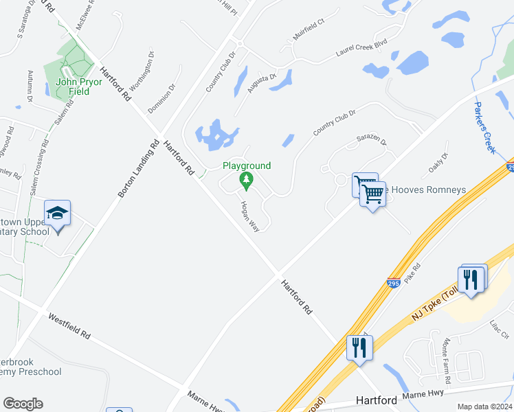map of restaurants, bars, coffee shops, grocery stores, and more near 44 Hogan Way in Moorestown