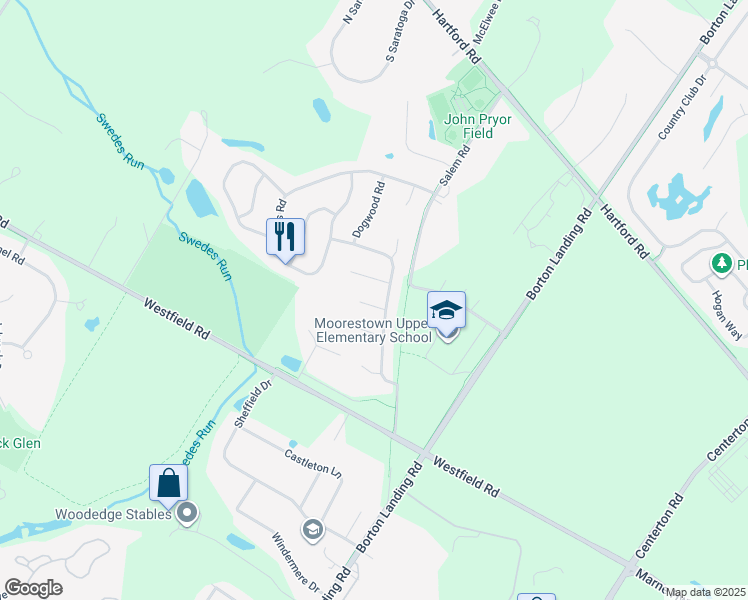 map of restaurants, bars, coffee shops, grocery stores, and more near 3 Heather Lane in Moorestown