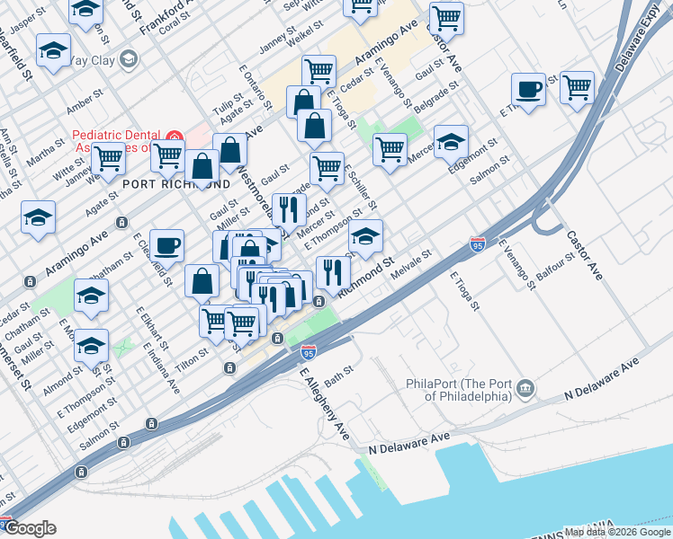 map of restaurants, bars, coffee shops, grocery stores, and more near 3322 Tilton Street in Philadelphia