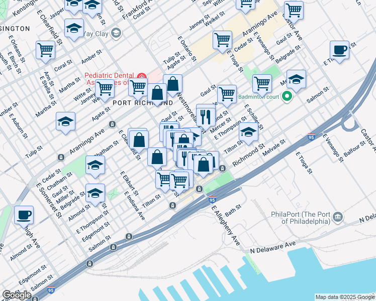 map of restaurants, bars, coffee shops, grocery stores, and more near 2630 East Madison Street in Philadelphia