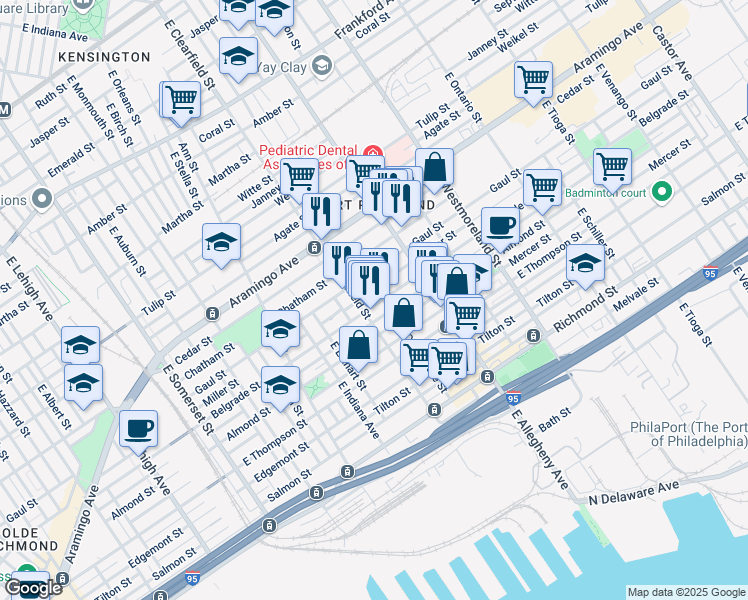 map of restaurants, bars, coffee shops, grocery stores, and more near 2541 East Clearfield Street in Philadelphia