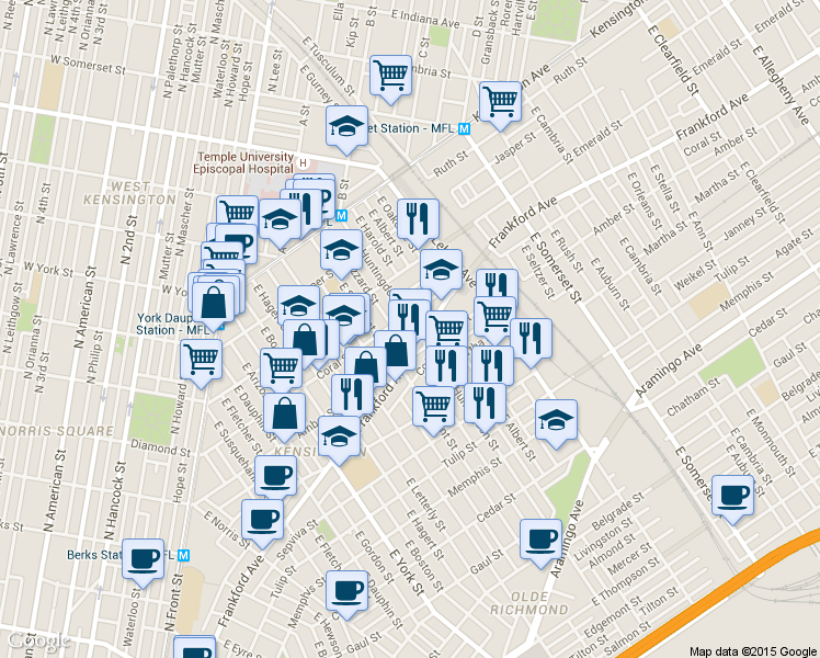 map of restaurants, bars, coffee shops, grocery stores, and more near in Philadelphia