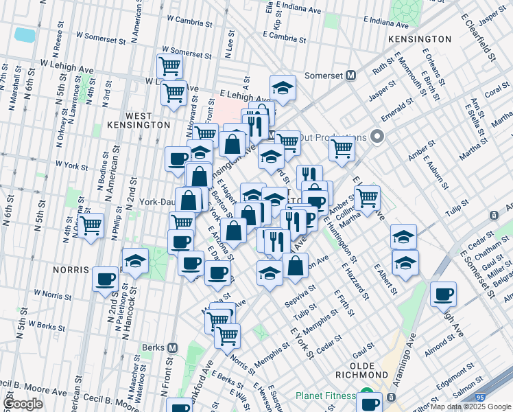 map of restaurants, bars, coffee shops, grocery stores, and more near 2007 East Cumberland Street in Philadelphia