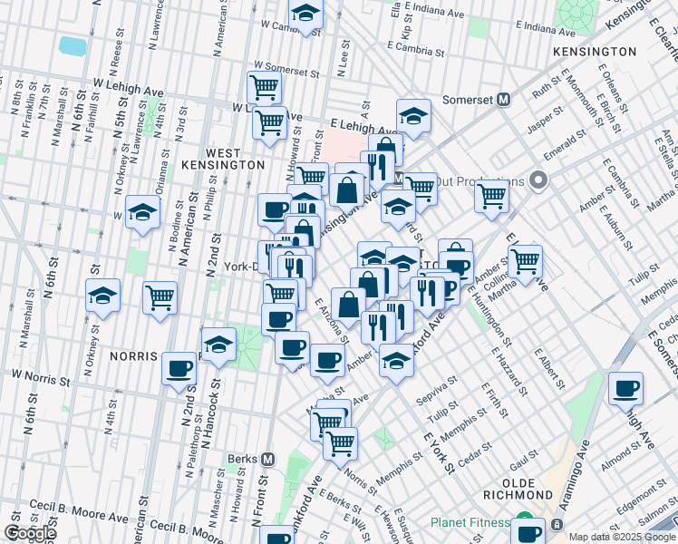 map of restaurants, bars, coffee shops, grocery stores, and more near 2421 Jasper Street in Philadelphia