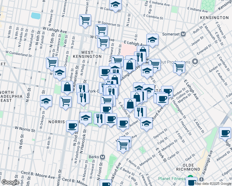 map of restaurants, bars, coffee shops, grocery stores, and more near in Philadelphia