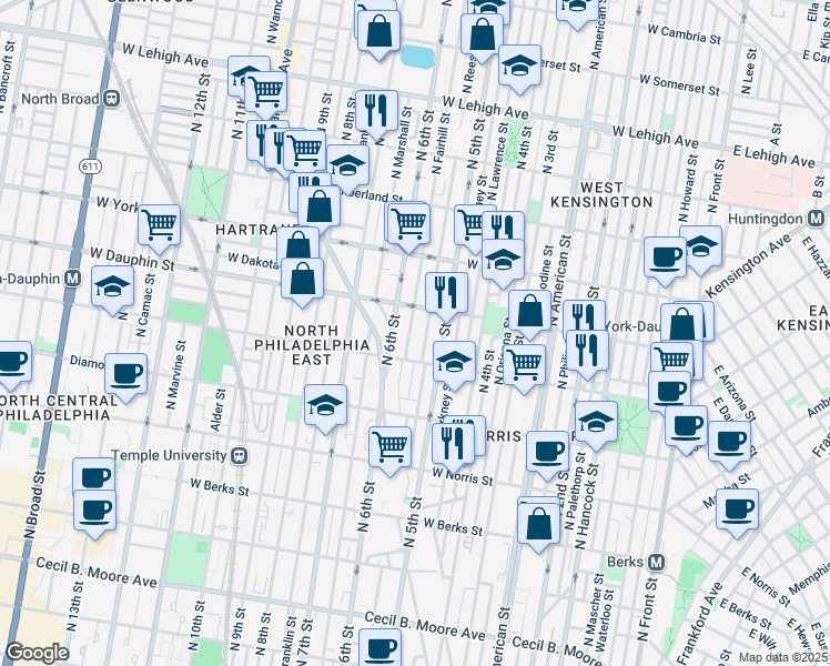 map of restaurants, bars, coffee shops, grocery stores, and more near 2235 N Fairhill St in Philadelphia