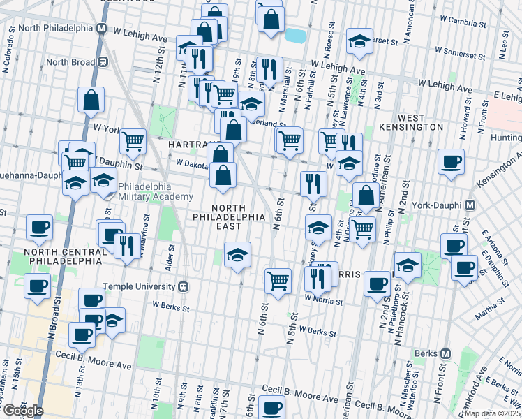 map of restaurants, bars, coffee shops, grocery stores, and more near 2224 North 7th Street in Philadelphia