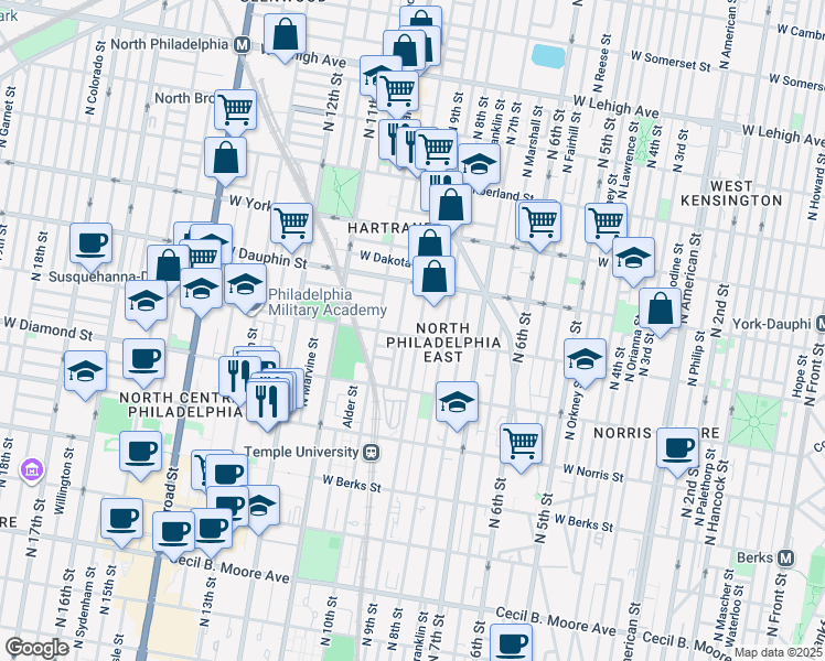 map of restaurants, bars, coffee shops, grocery stores, and more near 2209 North Delhi Street in Philadelphia