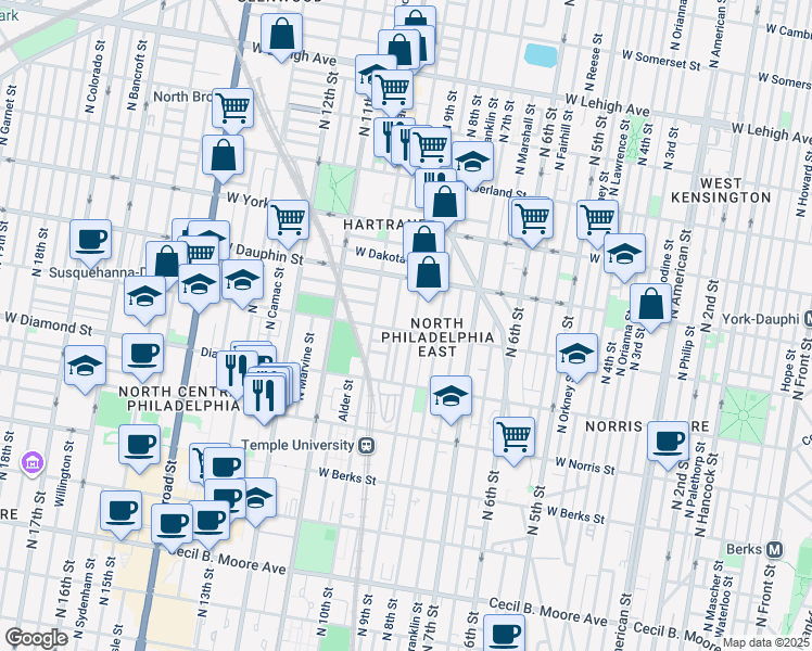 map of restaurants, bars, coffee shops, grocery stores, and more near 907 West Susquehanna Avenue in Philadelphia