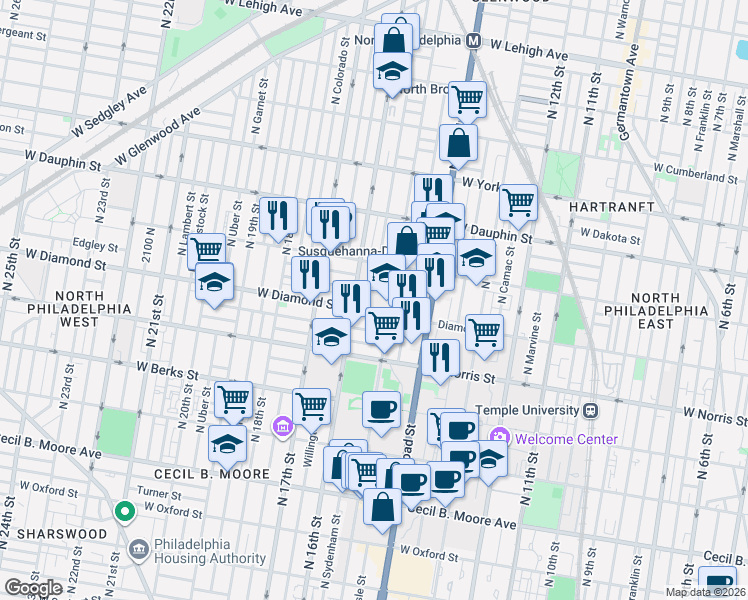 map of restaurants, bars, coffee shops, grocery stores, and more near 1528 Edgley Street in Philadelphia