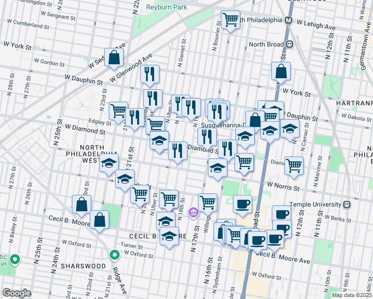 map of restaurants, bars, coffee shops, grocery stores, and more near in Philadelphia