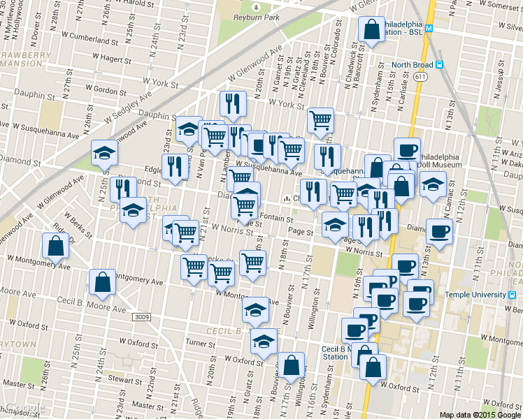 map of restaurants, bars, coffee shops, grocery stores, and more near in Philadelphia