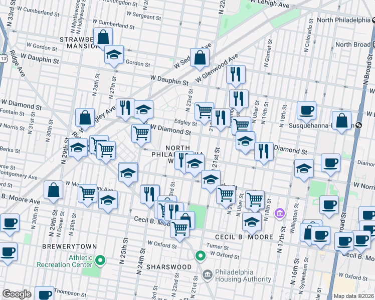 map of restaurants, bars, coffee shops, grocery stores, and more near 2228 Page Street in Philadelphia