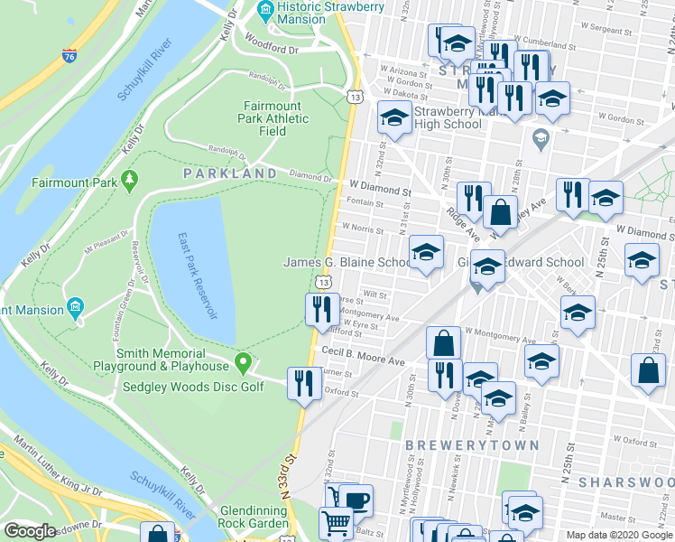 map of restaurants, bars, coffee shops, grocery stores, and more near 1847 North 33rd Street in Philadelphia