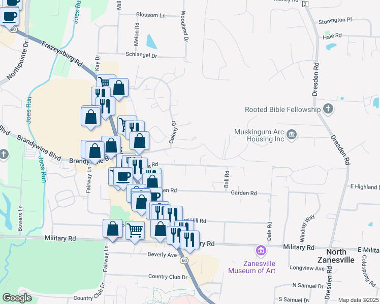 map of restaurants, bars, coffee shops, grocery stores, and more near 1062 Brandywine Boulevard in Zanesville