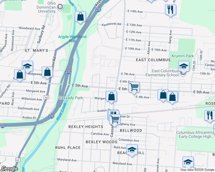 map of restaurants, bars, coffee shops, grocery stores, and more near 2636 East 5th Avenue in Columbus
