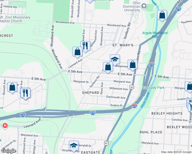 map of restaurants, bars, coffee shops, grocery stores, and more near in Columbus
