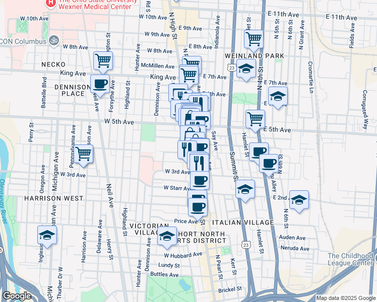 map of restaurants, bars, coffee shops, grocery stores, and more near 1139 North High Street in Columbus