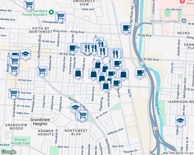 map of restaurants, bars, coffee shops, grocery stores, and more near 1310 Norton Avenue in Columbus