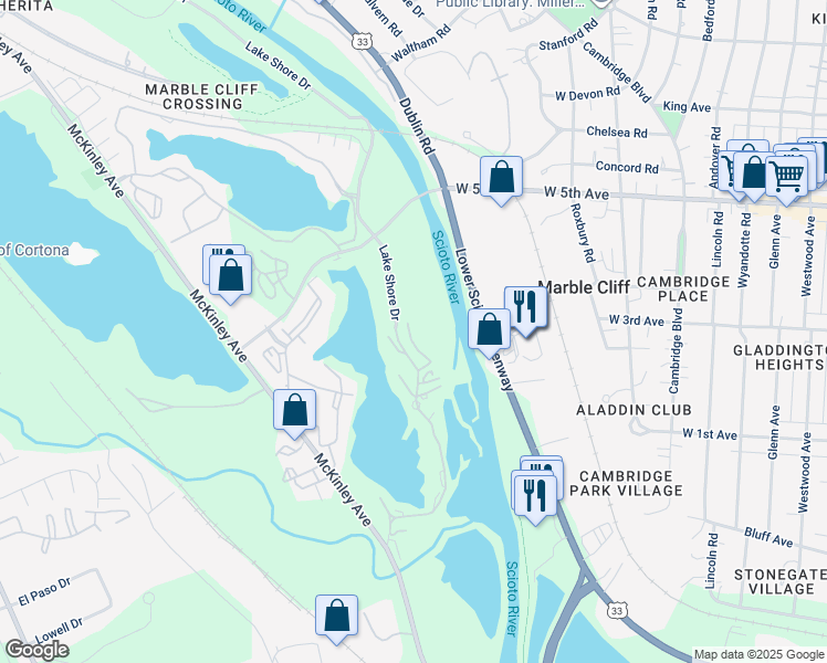 map of restaurants, bars, coffee shops, grocery stores, and more near 1481 Cliff Court in Columbus
