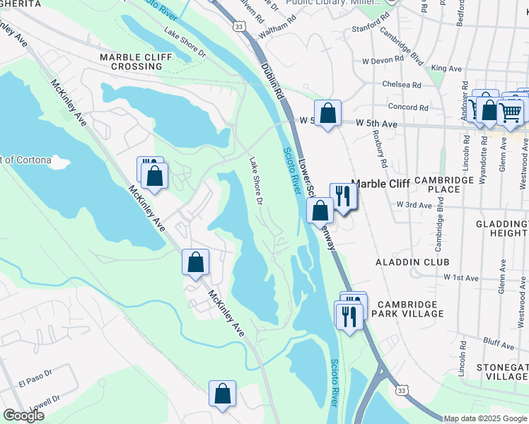 map of restaurants, bars, coffee shops, grocery stores, and more near 1481 Cliff Court in Columbus