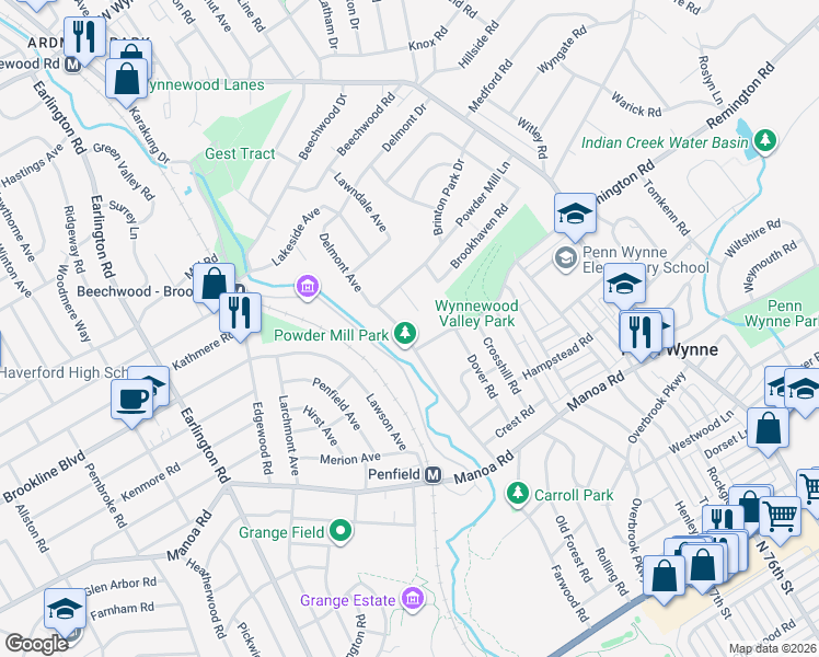 map of restaurants, bars, coffee shops, grocery stores, and more near 909 Powder Mill Lane in Wynnewood