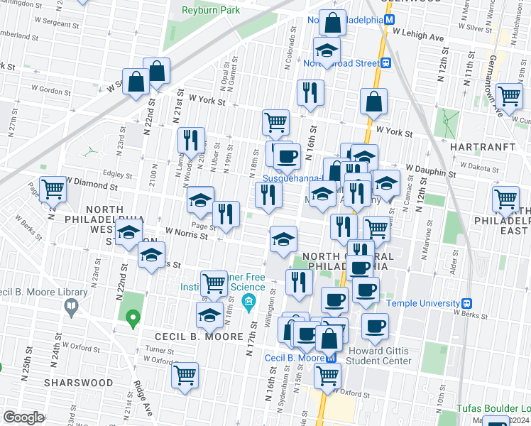 map of restaurants, bars, coffee shops, grocery stores, and more near 1710 West Diamond street in Philadelphia