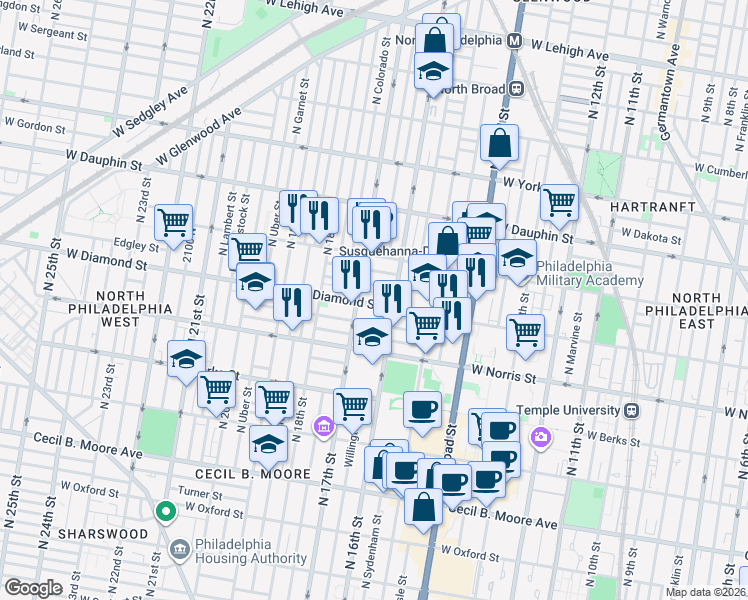 map of restaurants, bars, coffee shops, grocery stores, and more near 1625 West Diamond street in Philadelphia