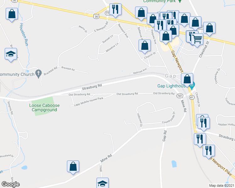 map of restaurants, bars, coffee shops, grocery stores, and more near 5288 Old Strasburg Road in Kinzers
