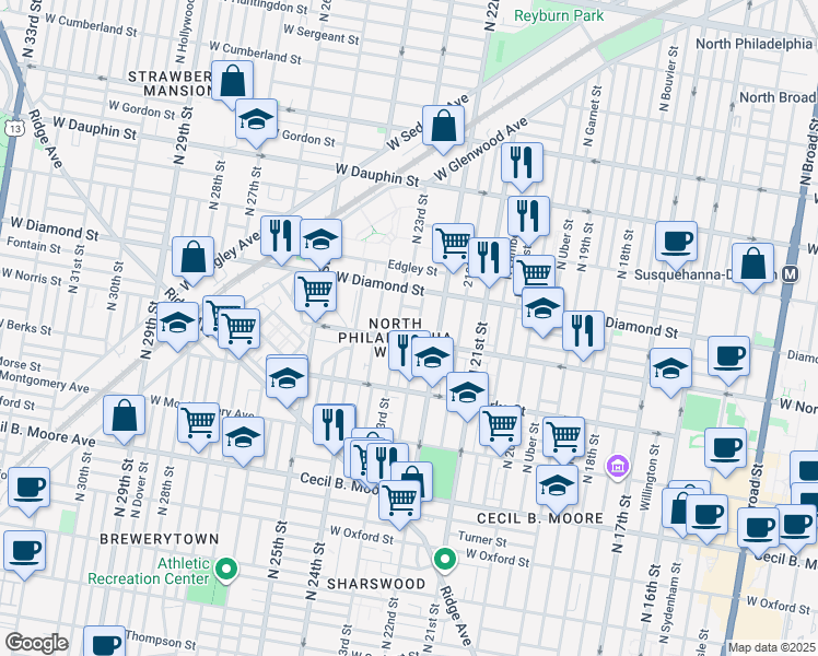 map of restaurants, bars, coffee shops, grocery stores, and more near 2228 Page Street in Philadelphia