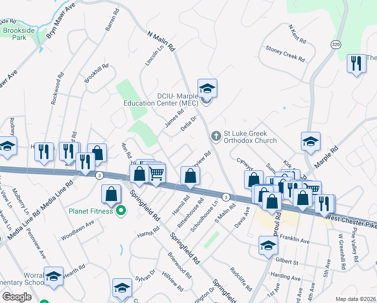 map of restaurants, bars, coffee shops, grocery stores, and more near 34 Pleasant Road in Broomall