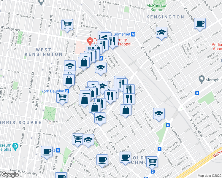 map of restaurants, bars, coffee shops, grocery stores, and more near 2041 East Sergeant Street in Philadelphia