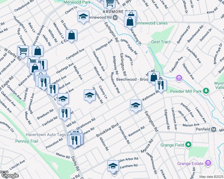 map of restaurants, bars, coffee shops, grocery stores, and more near 1611 Winton Avenue in Havertown