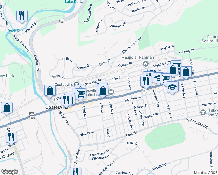 map of restaurants, bars, coffee shops, grocery stores, and more near 101 North 5th Avenue in Coatesville