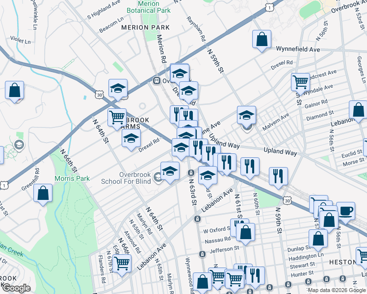 map of restaurants, bars, coffee shops, grocery stores, and more near 6300 Woodbine Avenue in Philadelphia