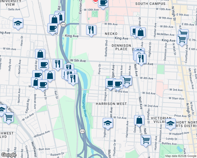 map of restaurants, bars, coffee shops, grocery stores, and more near 1205 1/2 Perry Street in Columbus