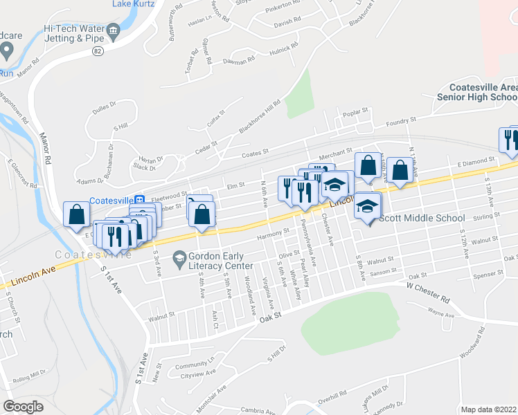 map of restaurants, bars, coffee shops, grocery stores, and more near 586 East Chestnut Street in Coatesville