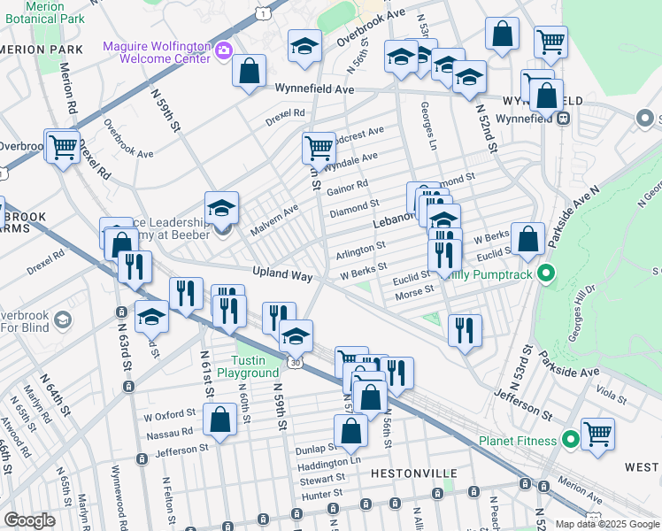 map of restaurants, bars, coffee shops, grocery stores, and more near 5666 Arlington Street in Philadelphia