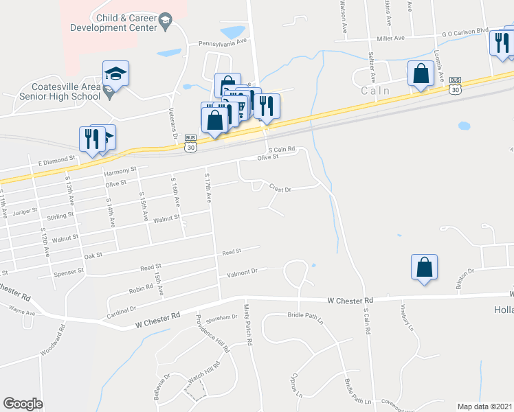 map of restaurants, bars, coffee shops, grocery stores, and more near 358 Andrew Road in Coatesville