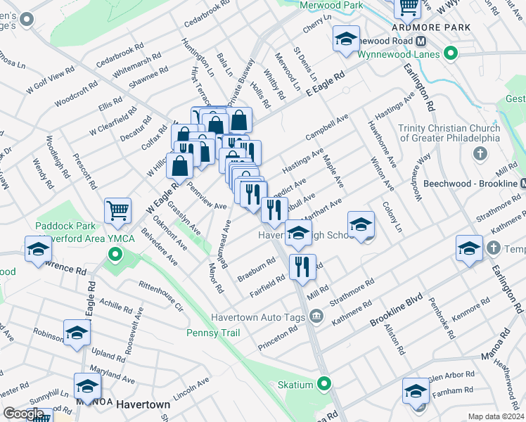 map of restaurants, bars, coffee shops, grocery stores, and more near 2025 Darby Road in Havertown