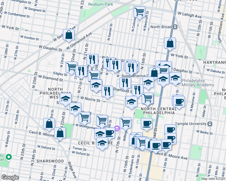 map of restaurants, bars, coffee shops, grocery stores, and more near 1808 Diamond Street in Philadelphia