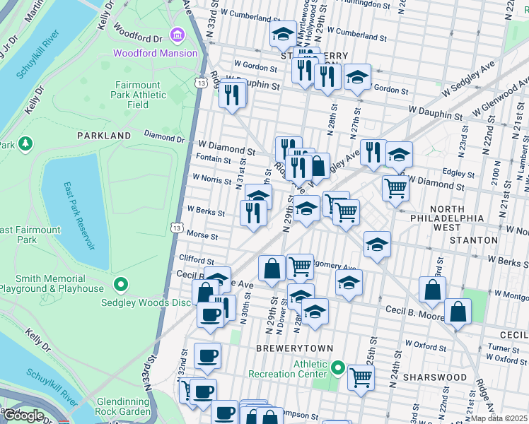 map of restaurants, bars, coffee shops, grocery stores, and more near 1921 North 30th Street in Philadelphia