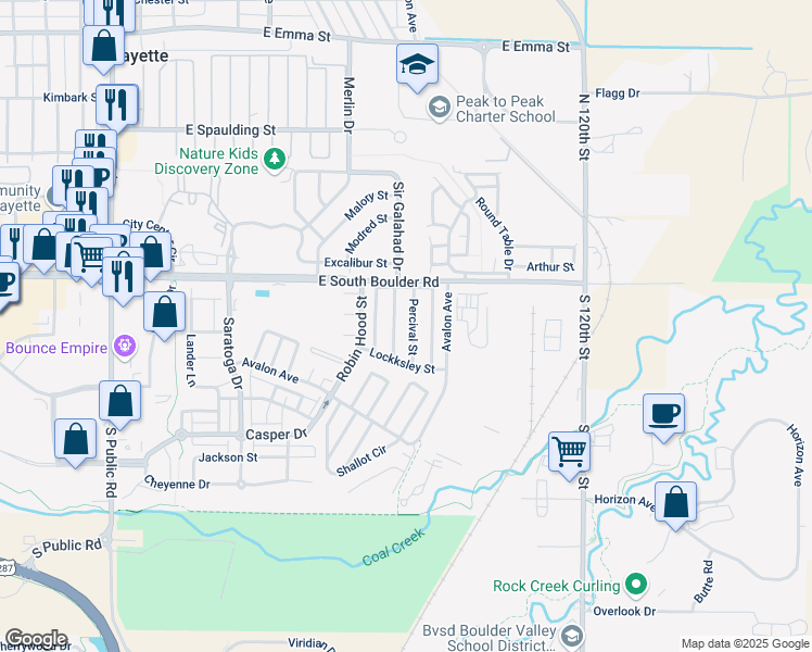 map of restaurants, bars, coffee shops, grocery stores, and more near 11700 East South Boulder Road in Lafayette