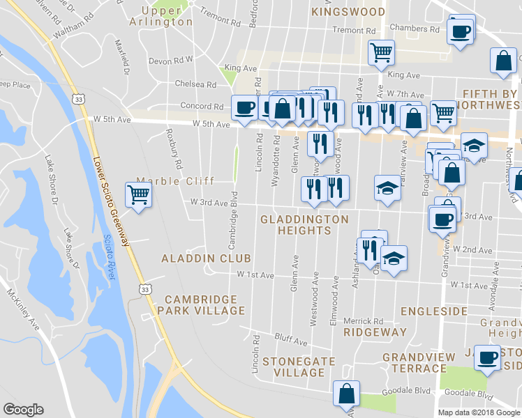 map of restaurants, bars, coffee shops, grocery stores, and more near 1877 West 3rd Avenue in Columbus