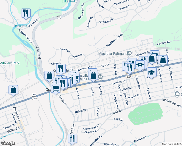 map of restaurants, bars, coffee shops, grocery stores, and more near 401 East Chestnut Street in Coatesville