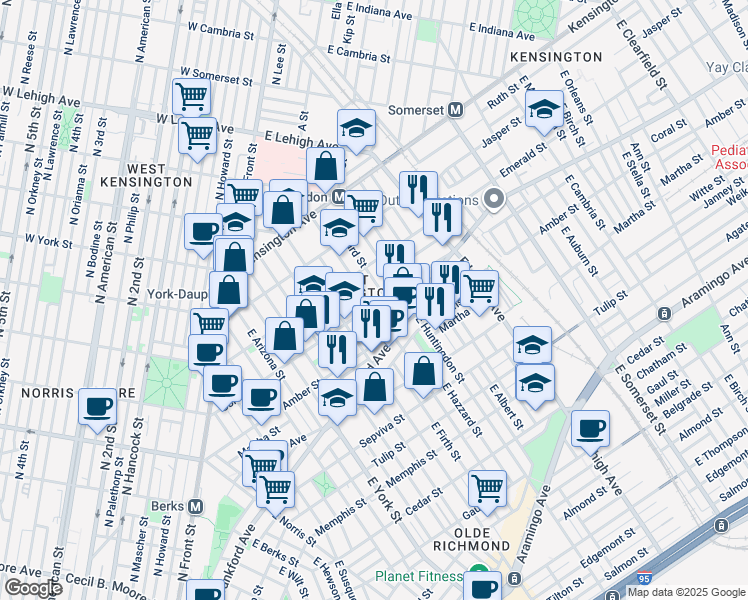 map of restaurants, bars, coffee shops, grocery stores, and more near 2041 East Sergeant Street in Philadelphia