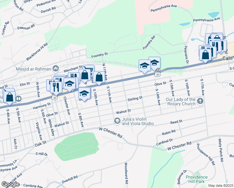 map of restaurants, bars, coffee shops, grocery stores, and more near 1116 Olive Street in Coatesville