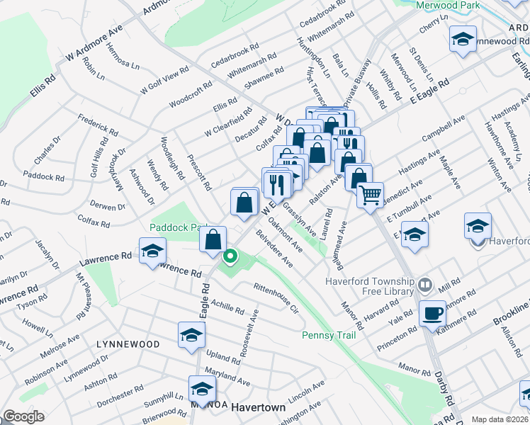 map of restaurants, bars, coffee shops, grocery stores, and more near 120 W Eagle Rd in Havertown
